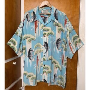 Vintage Avanti Silk Hawaiian Shirt Blue Waves Koi Carp Asian Loop Collar Sz XXXL